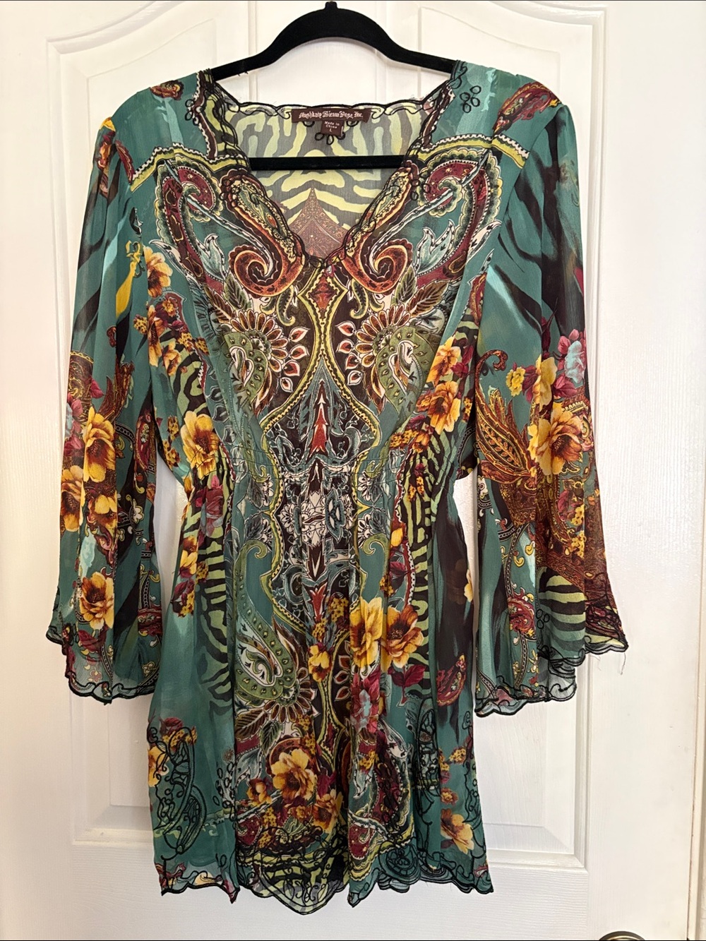 Boho Embroidered Paisley Floral Teal V-Neck Blouse